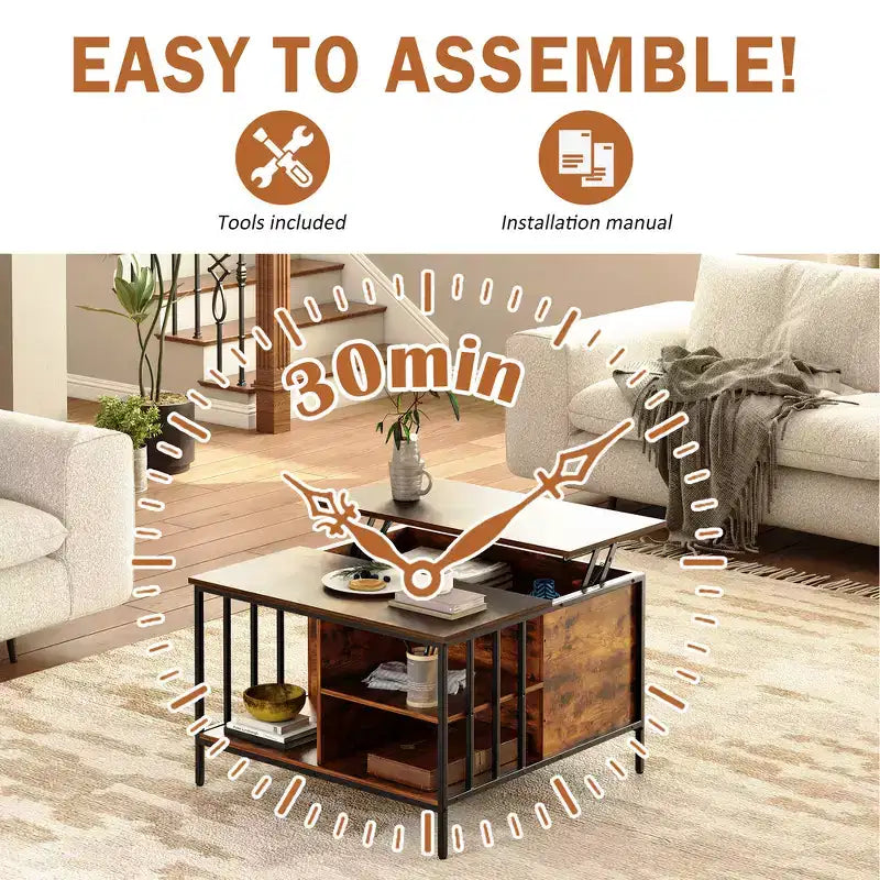Zeus & Ruta 31.5 Farmhouse Lift-Top Coffee Table with Adjustable Height, Hidden Compartment & 3 Shelves for Living Room