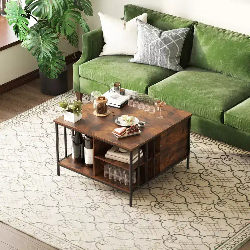 Zeus & Ruta 31.5 Farmhouse Lift-Top Coffee Table with Adjustable Height, Hidden Compartment & 3 Shelves for Living Room