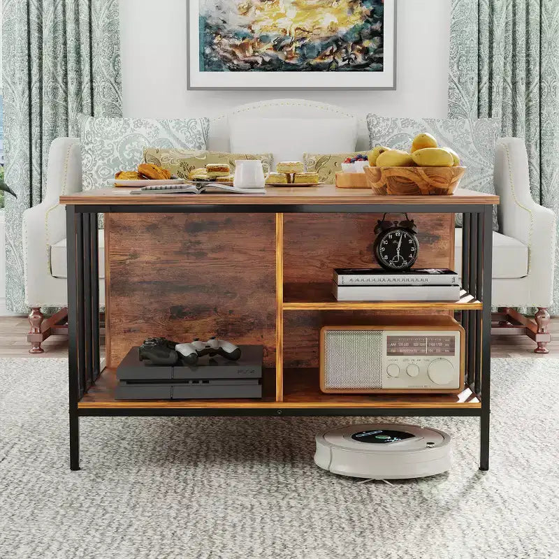 Zeus & Ruta 31.5 Farmhouse Lift-Top Coffee Table with Adjustable Height, Hidden Compartment & 3 Shelves for Living Room
