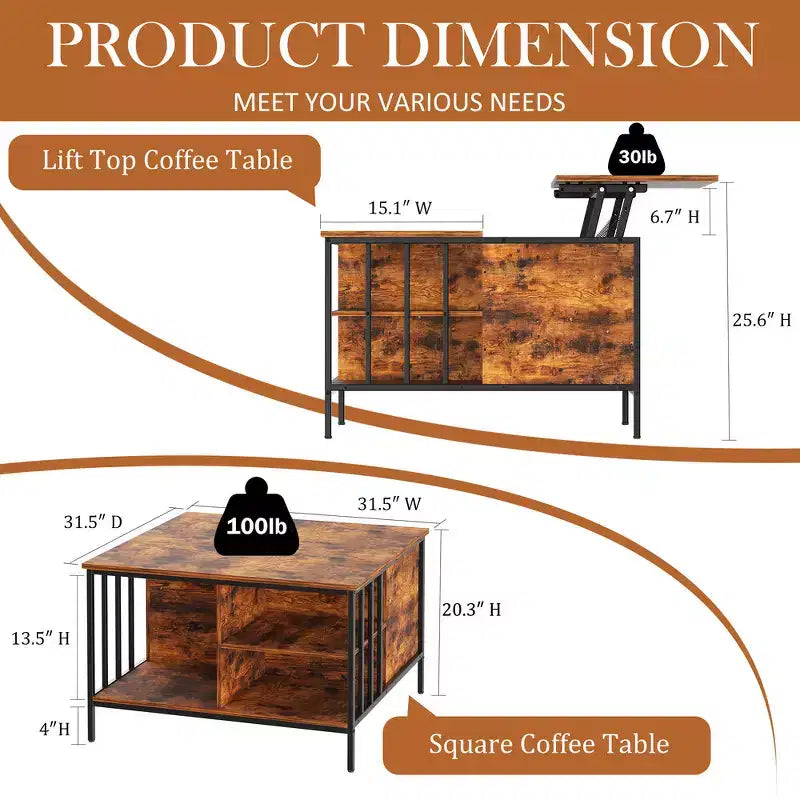 Zeus & Ruta 31.5 Farmhouse Lift-Top Coffee Table with Adjustable Height, Hidden Compartment & 3 Shelves for Living Room