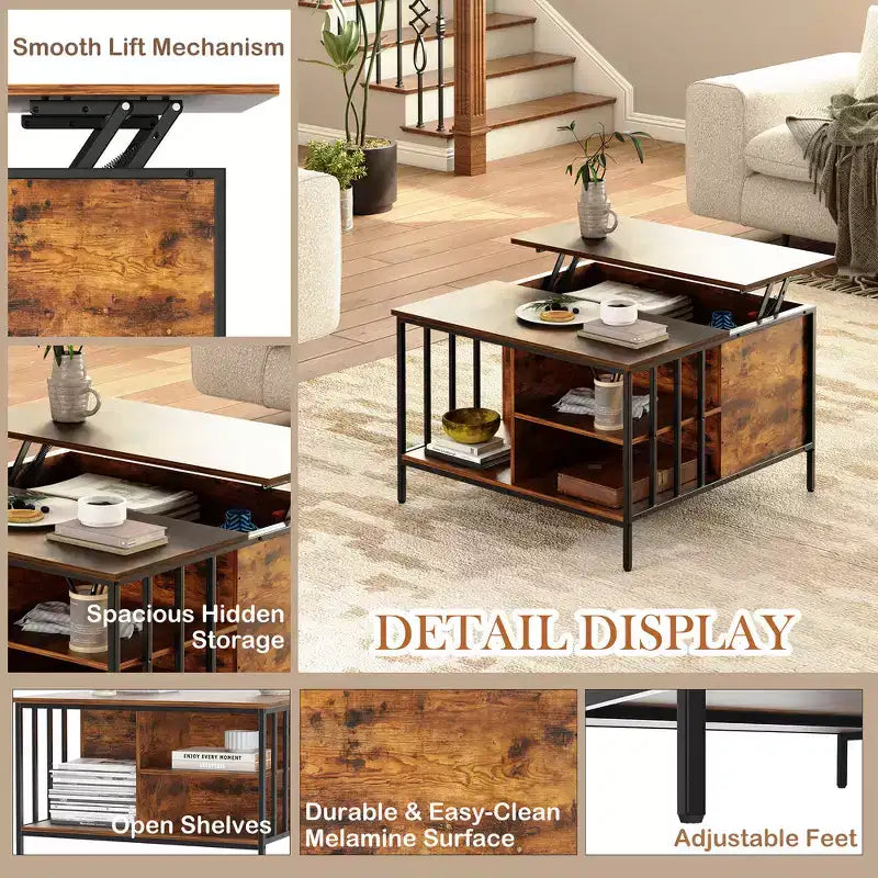 Zeus & Ruta 31.5 Farmhouse Lift-Top Coffee Table with Adjustable Height, Hidden Compartment & 3 Shelves for Living Room
