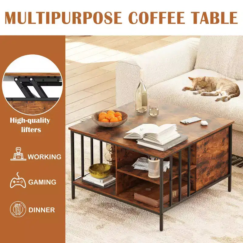 Zeus & Ruta 31.5 Farmhouse Lift-Top Coffee Table with Adjustable Height, Hidden Compartment & 3 Shelves for Living Room