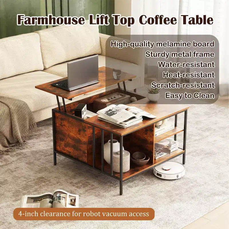 Zeus & Ruta 31.5 Farmhouse Lift-Top Coffee Table with Adjustable Height, Hidden Compartment & 3 Shelves for Living Room