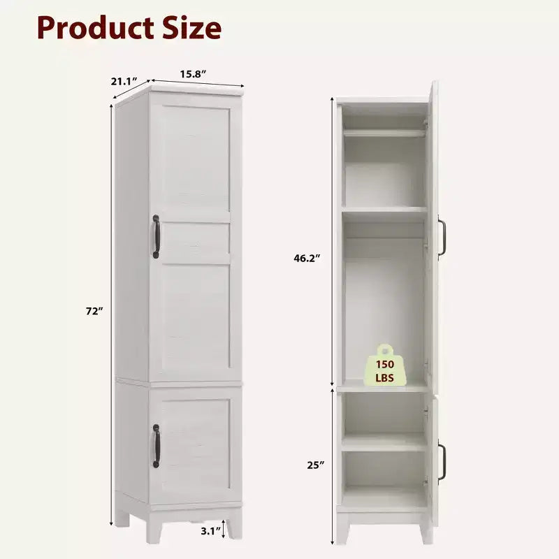 Armoire Wardrobe Closet with 2 Doors,72 Wooden Wardrobe Cabinet with Hanging Rod, Narrow Tall Armoire with 18 Adjustable Shelves for Bedroom