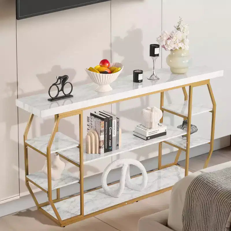 VEVOR Marble Console Table, 3 Tiers Modern Console Table for Open Storage, Golden Geometric Table with Iron Tubes, Anti-Tip Device, Gold