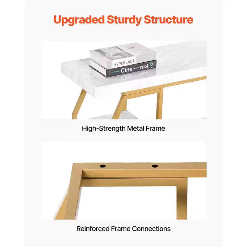VEVOR Marble Console Table, 3 Tiers Modern Console Table for Open Storage, Golden Geometric Table with Iron Tubes, Anti-Tip Device, Gold