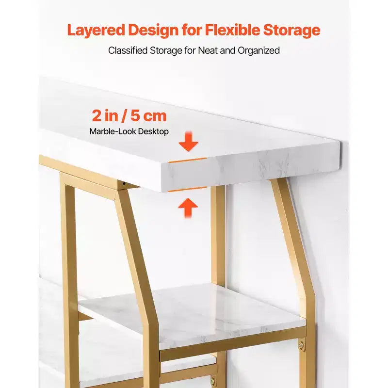 VEVOR Marble Console Table, 3 Tiers Modern Console Table for Open Storage, Golden Geometric Table with Iron Tubes, Anti-Tip Device, Gold