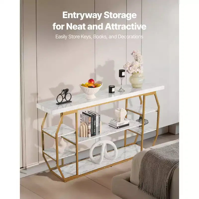 VEVOR Marble Console Table, 3 Tiers Modern Console Table for Open Storage, Golden Geometric Table with Iron Tubes, Anti-Tip Device, Gold