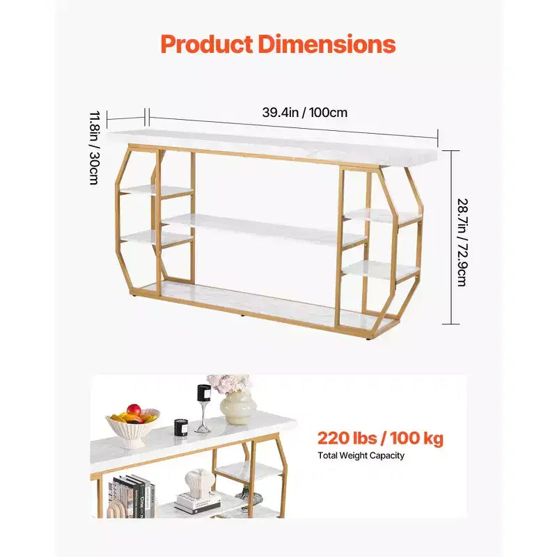 VEVOR Marble Console Table, 3 Tiers Modern Console Table for Open Storage, Golden Geometric Table with Iron Tubes, Anti-Tip Device, Gold