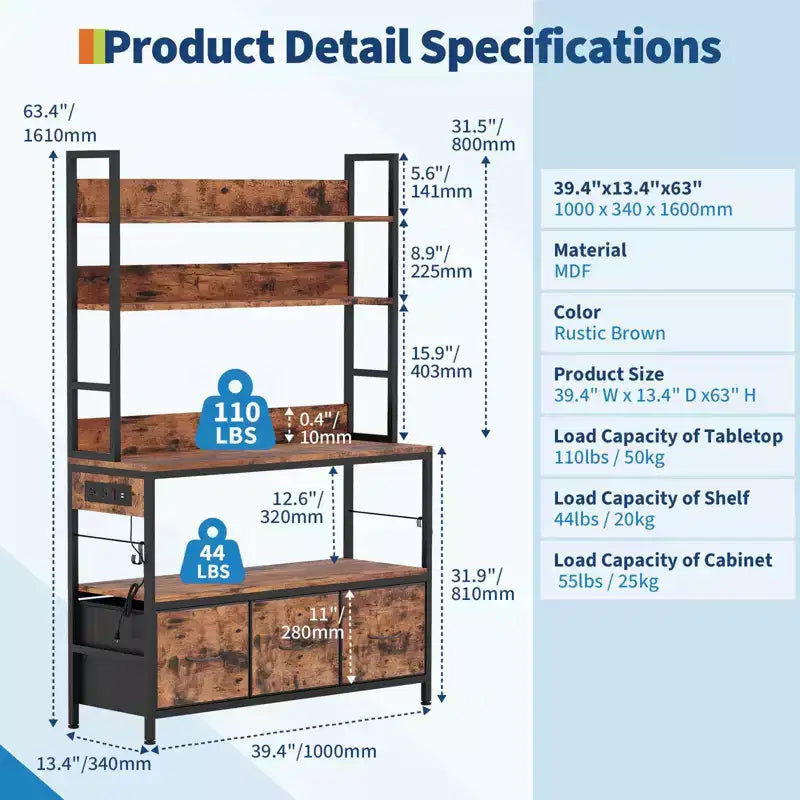 5-Tier Kitchen Bakers Rack with Charging Station & Drawers, Utility Shelves with Hooks for Kitchen, Independent baker's rack for Dining Room, Office