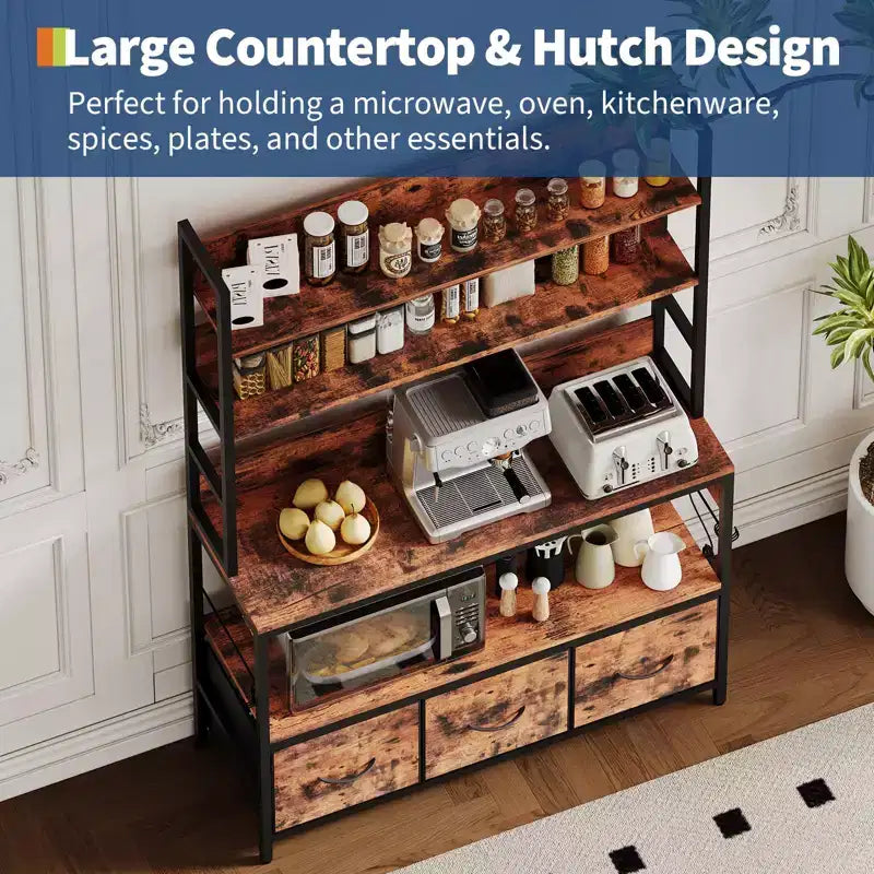 5-Tier Kitchen Bakers Rack with Charging Station & Drawers, Utility Shelves with Hooks for Kitchen, Independent baker's rack for Dining Room, Office