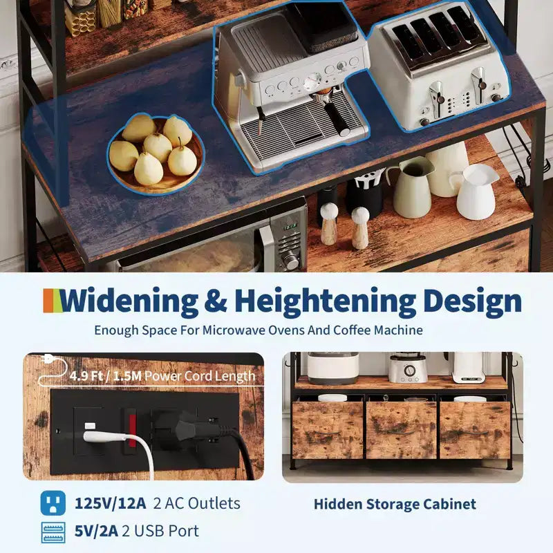 5-Tier Kitchen Bakers Rack with Charging Station & Drawers, Utility Shelves with Hooks for Kitchen, Independent baker's rack for Dining Room, Office