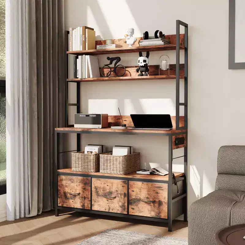 5-Tier Kitchen Bakers Rack with Charging Station & Drawers, Utility Shelves with Hooks for Kitchen, Independent baker's rack for Dining Room, Office