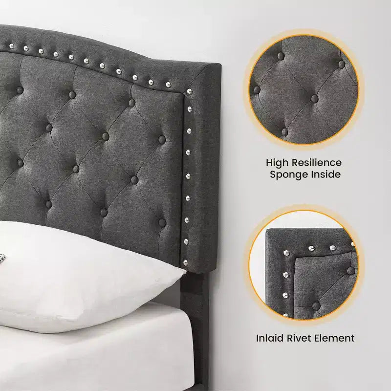 Full Size Upholstered Bed Frame with Adjustable Headboard Button-Tufted Wing Back Headboard