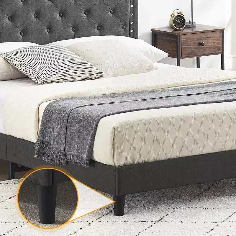 Full Size Upholstered Bed Frame with Adjustable Headboard Button-Tufted Wing Back Headboard