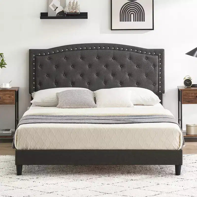 Full Size Upholstered Bed Frame with Adjustable Headboard Button-Tufted Wing Back Headboard