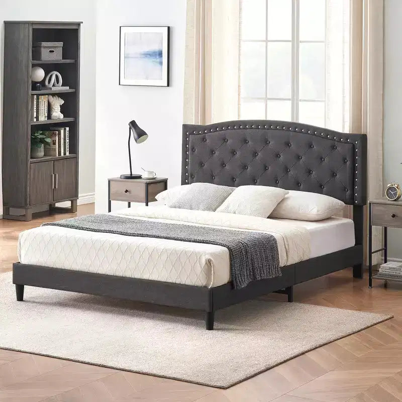 Full Size Upholstered Bed Frame with Adjustable Headboard Button-Tufted Wing Back Headboard