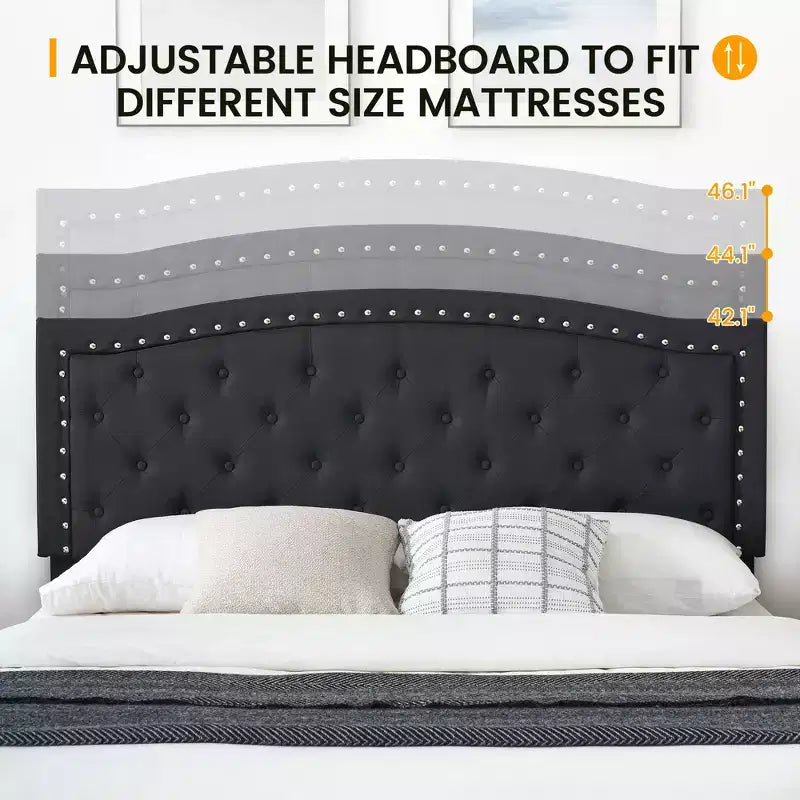Full Size Upholstered Bed Frame with Adjustable Headboard Button-Tufted Wing Back Headboard