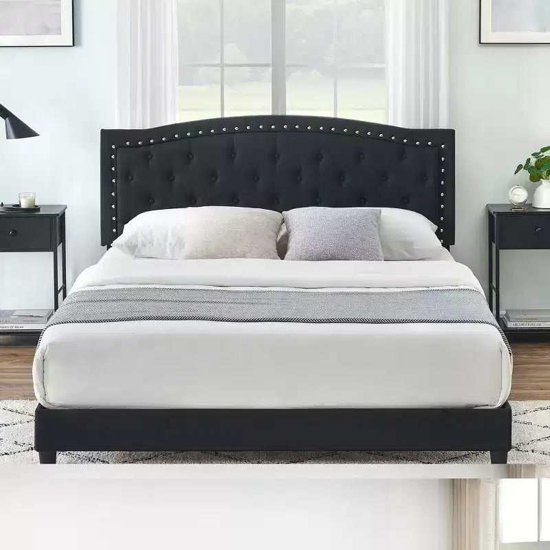 Full Size Upholstered Bed Frame with Adjustable Headboard Button-Tufted Wing Back Headboard