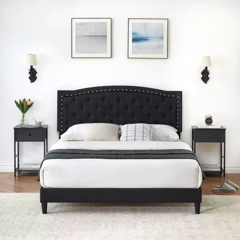 Full Size Upholstered Bed Frame with Adjustable Headboard Button-Tufted Wing Back Headboard