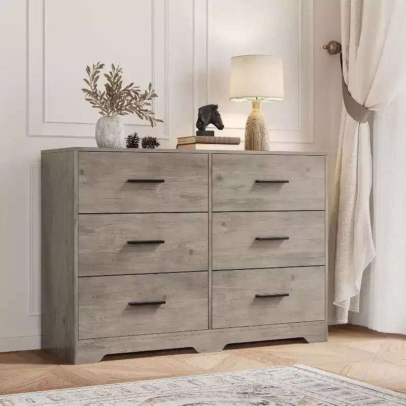 Acekool 6 Drawer Dresser, Modern Chest with Metal Handles, Wooden TV Stand & Storage Organizer for Bedroom, Living Room