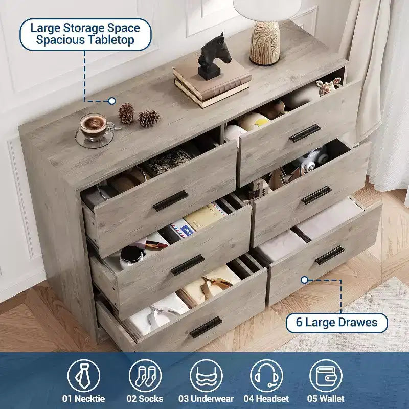 Acekool 6 Drawer Dresser, Modern Chest with Metal Handles, Wooden TV Stand & Storage Organizer for Bedroom, Living Room