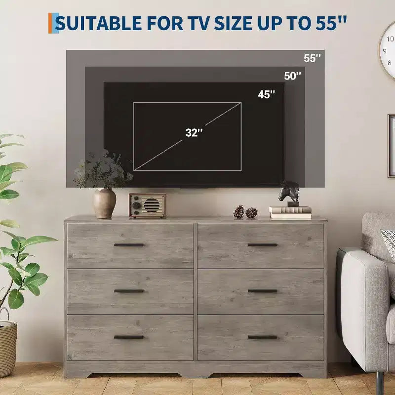 Acekool 6 Drawer Dresser, Modern Chest with Metal Handles, Wooden TV Stand & Storage Organizer for Bedroom, Living Room