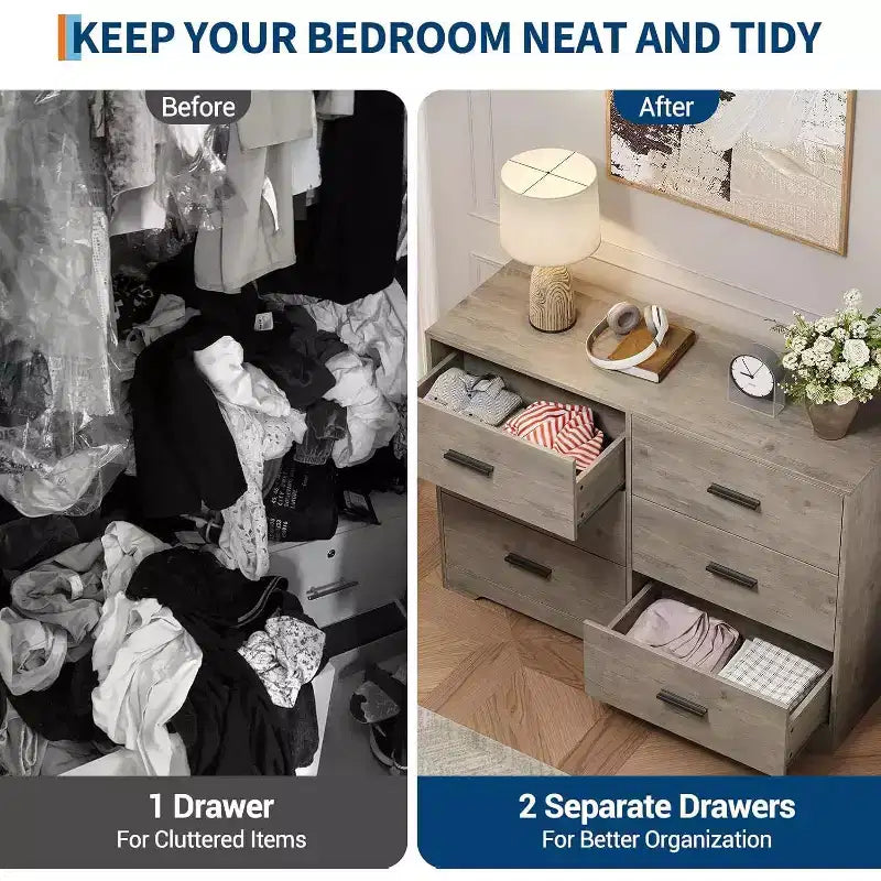 Acekool 6 Drawer Dresser, Modern Chest with Metal Handles, Wooden TV Stand & Storage Organizer for Bedroom, Living Room