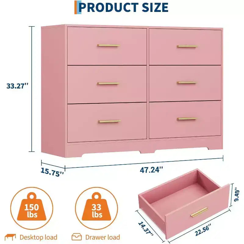 Acekool 6 Drawer Dresser, Modern Chest with Metal Handles, Wooden TV Stand & Storage Organizer for Bedroom, Living Room