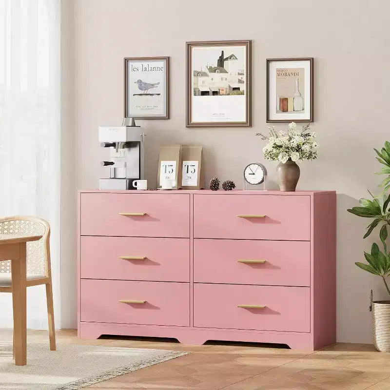 Acekool 6 Drawer Dresser, Modern Chest with Metal Handles, Wooden TV Stand & Storage Organizer for Bedroom, Living Room
