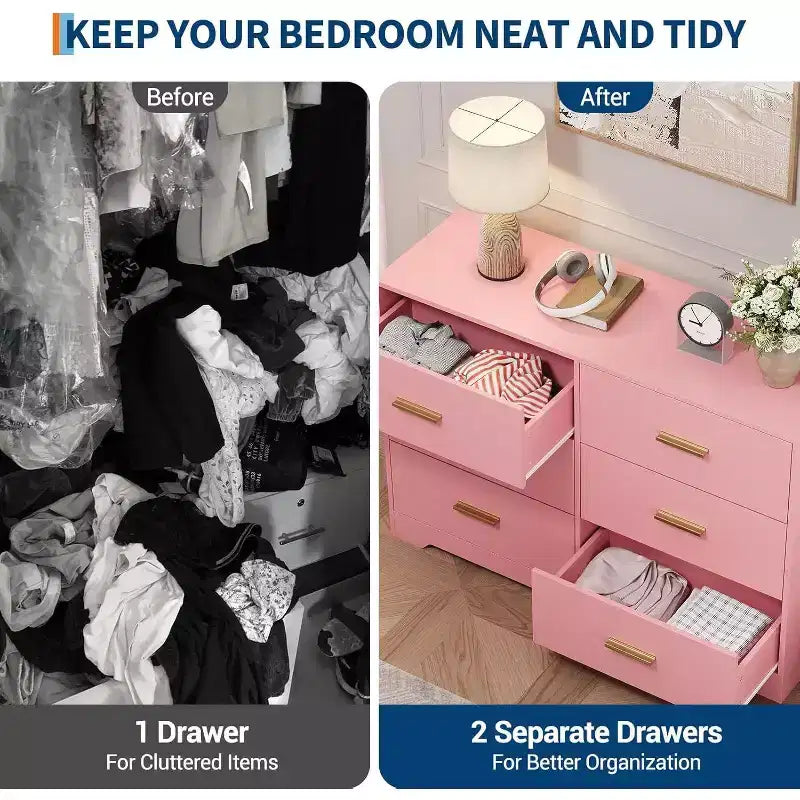 Acekool 6 Drawer Dresser, Modern Chest with Metal Handles, Wooden TV Stand & Storage Organizer for Bedroom, Living Room