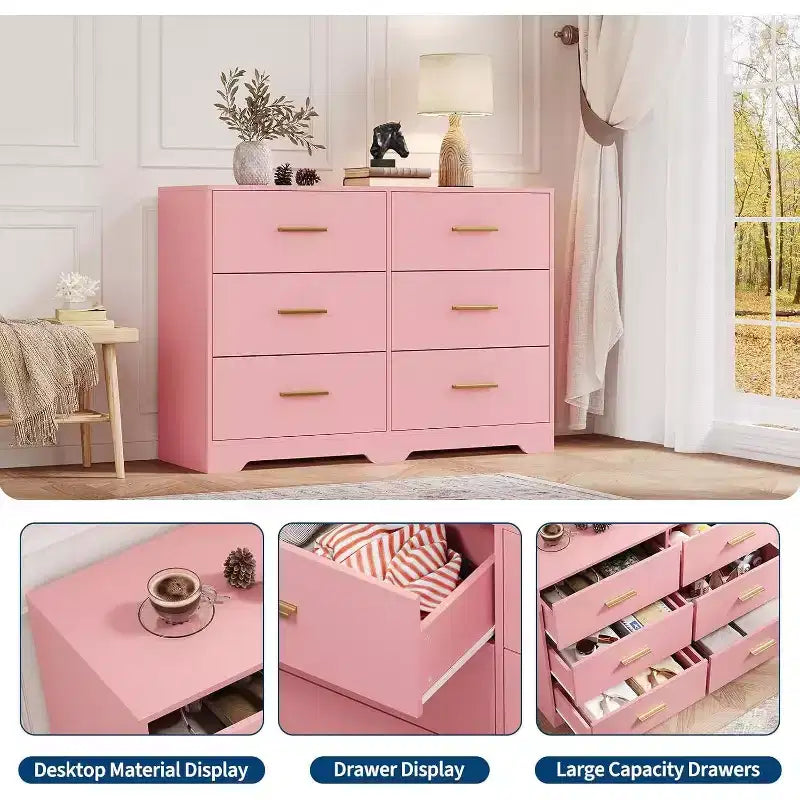 Acekool 6 Drawer Dresser, Modern Chest with Metal Handles, Wooden TV Stand & Storage Organizer for Bedroom, Living Room