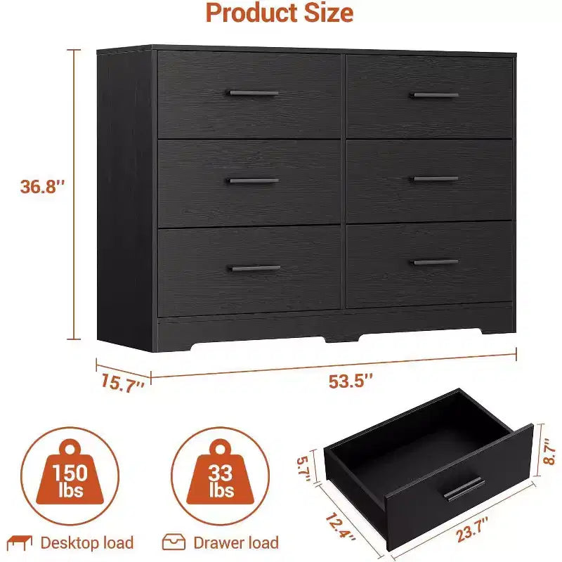 Acekool 6 Drawer Dresser, Modern Chest with Metal Handles, Wooden TV Stand & Storage Organizer for Bedroom, Living Room