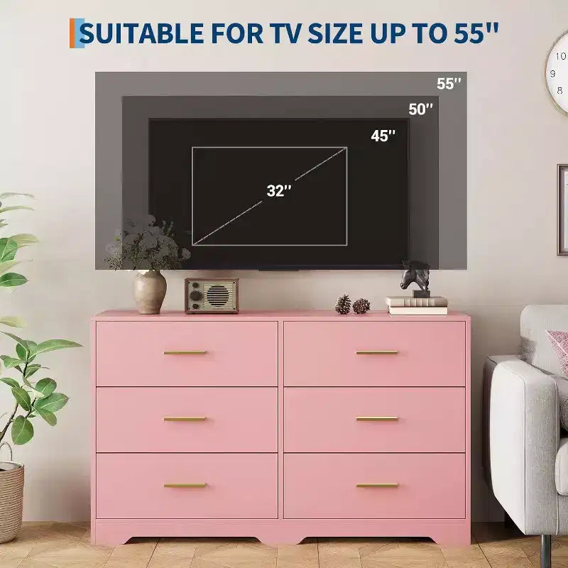 Acekool 6 Drawer Dresser, Modern Chest with Metal Handles, Wooden TV Stand & Storage Organizer for Bedroom, Living Room