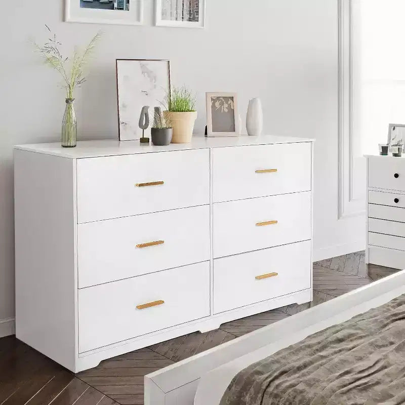 Acekool 6 Drawer Dresser, Modern Chest with Metal Handles, Wooden TV Stand & Storage Organizer for Bedroom, Living Room