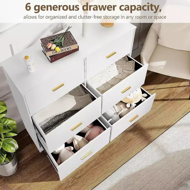 Acekool 6 Drawer Dresser, Modern Chest with Metal Handles, Wooden TV Stand & Storage Organizer for Bedroom, Living Room