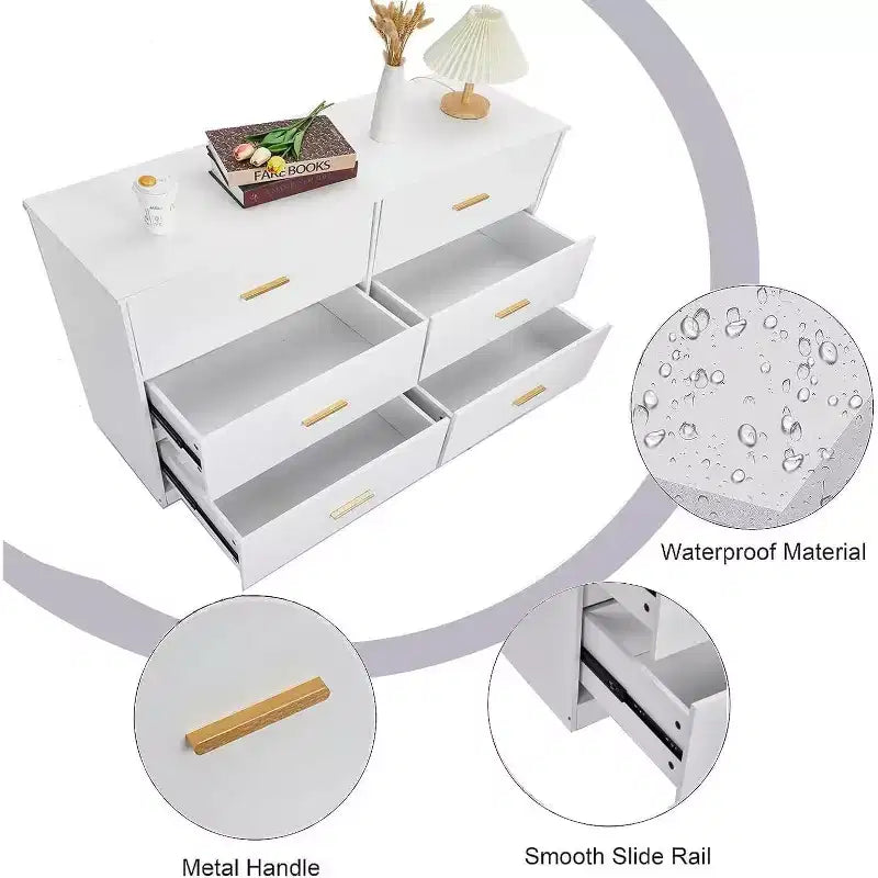 Acekool 6 Drawer Dresser, Modern Chest with Metal Handles, Wooden TV Stand & Storage Organizer for Bedroom, Living Room