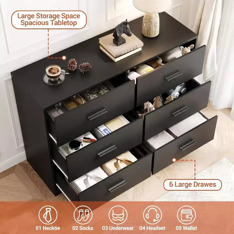 Acekool 6 Drawer Dresser, Modern Chest with Metal Handles, Wooden TV Stand & Storage Organizer for Bedroom, Living Room