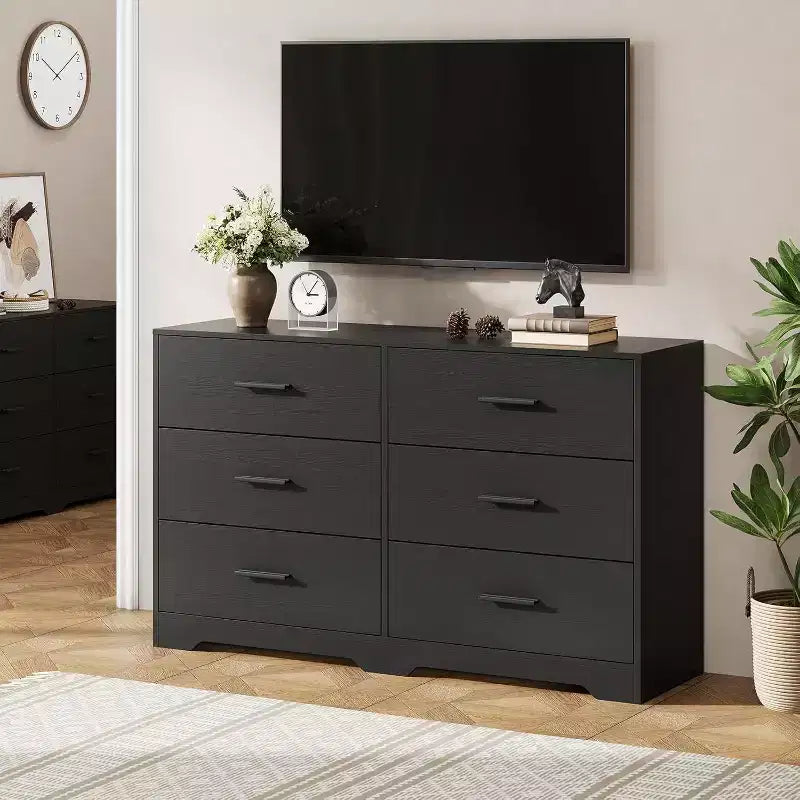 Acekool 6 Drawer Dresser, Modern Chest with Metal Handles, Wooden TV Stand & Storage Organizer for Bedroom, Living Room