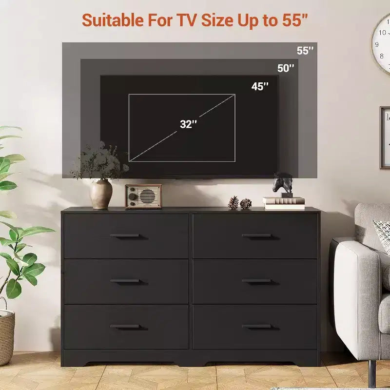 Acekool 6 Drawer Dresser, Modern Chest with Metal Handles, Wooden TV Stand & Storage Organizer for Bedroom, Living Room