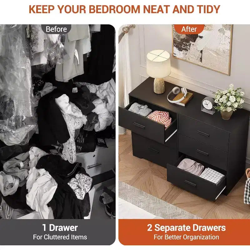 Acekool 6 Drawer Dresser, Modern Chest with Metal Handles, Wooden TV Stand & Storage Organizer for Bedroom, Living Room