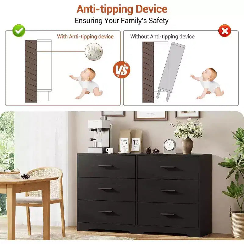 Acekool 6 Drawer Dresser, Modern Chest with Metal Handles, Wooden TV Stand & Storage Organizer for Bedroom, Living Room