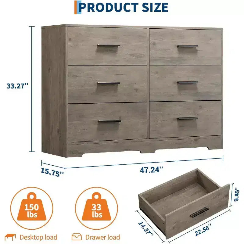 Acekool 6 Drawer Dresser, Modern Chest with Metal Handles, Wooden TV Stand & Storage Organizer for Bedroom, Living Room