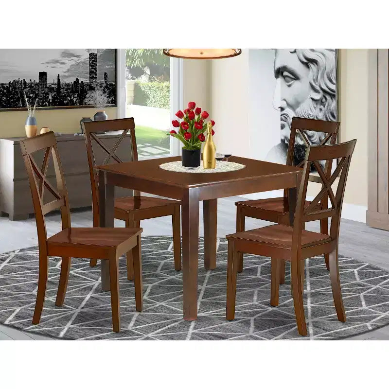 HomeStock Belmont 5Pc Square 36 Dining Table And 4 Wood Seat Dining Chairs, Mahogany