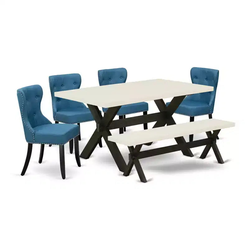HomeStock Belmont 6-Piece Dining Table Set- 4 Dining Chairs with and Rectangular Top Dining Table and Dining Bench - Linen White and Black Finish