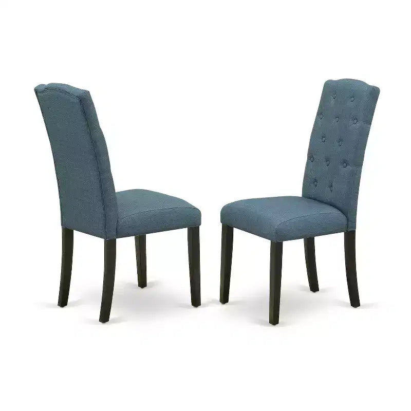 HomeStock Belmont 7Pc Dinette Set Includes a Rectangular Kitchen Table with Butterfly Leaf and Six Parson Chairs with Blue Fabric, Black Finish