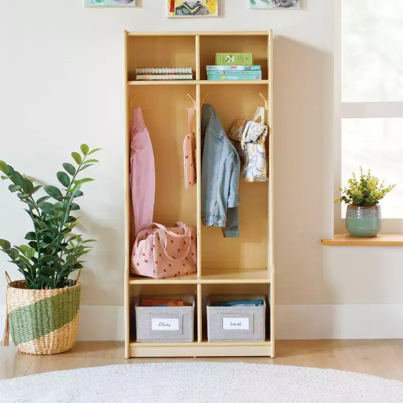 Guidecraft EdQ 2-Section Wooden Storage Locker with Bench Seat for Classroom, Kids Cubby Organizer with Shelves and Hooks for Coats