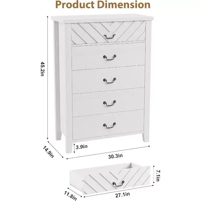 Farmhouse 5 Dresser for Bedroom, 45.2 Tall Dresser, Vertical Drawer with Storage Freestanding, Wooden Closet Storage Chest for Bedroom