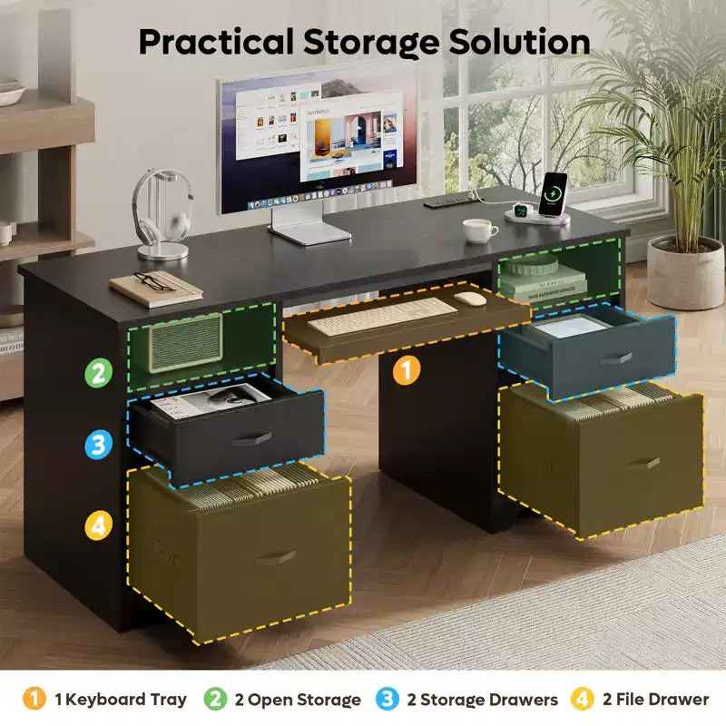 Bestier 59'' Office Desk with Charging Station & Keyboard Tray, Computer Desk with Drawers, Modern Executive Desk for Home office