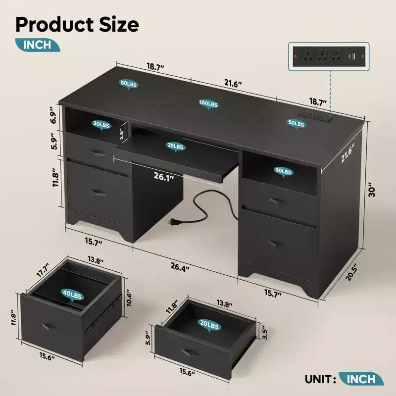 Bestier 59'' Office Desk with Charging Station & Keyboard Tray, Computer Desk with Drawers, Modern Executive Desk for Home office